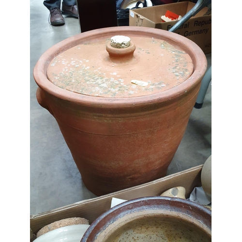 334 - A table base, a metal Cash Box, a terracotta Crock and Cover, a quantity of stoneware Jars, a spelte... 