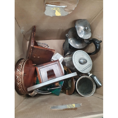 357 - A copper Bugle, a brass Spitoon, plated ware, etc