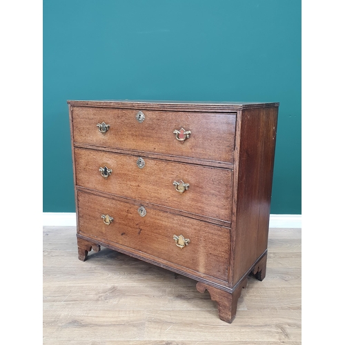 45 - An antique oak Chest of three long graduated Drawers on bracket feet, A/F, 3ft High x 3ft 3