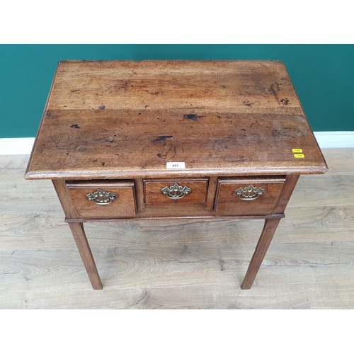 451 - A Georgian fruitwood Lowboy, fitted three drawers on square cut chamfered supports, 2ft 5