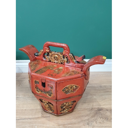 50 - A Chinese lacquer Wedding/Dowry Basket of octagonal form, the cover decorated figures in a landscape... 