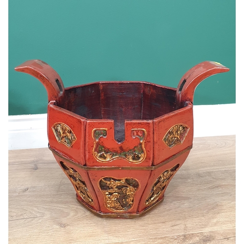 50 - A Chinese lacquer Wedding/Dowry Basket of octagonal form, the cover decorated figures in a landscape... 