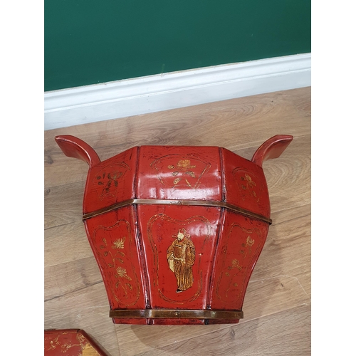 50 - A Chinese lacquer Wedding/Dowry Basket of octagonal form, the cover decorated figures in a landscape... 