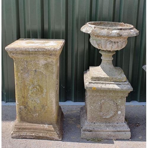 501 - A reconstituted Pedestal Urn on plinth, 2ft 6in H and a reconstituted Pedestal, 2ft 1in H