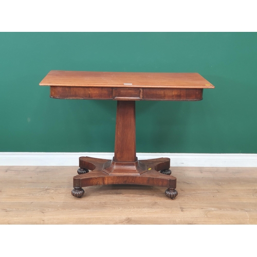 523 - A rosewood and mahogany Side Table having later top on shaped column, quadruple base on turned bun f... 