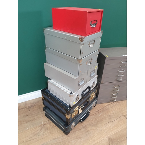 57 - Metal Filing Drawers, two Luggage Cases, and other assorted Storage Boxes.