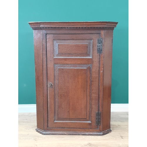 65 - An antique oak Hanging Corner Cupboard the panelled door enclosing two fixed shaped shelves, 3ft 6