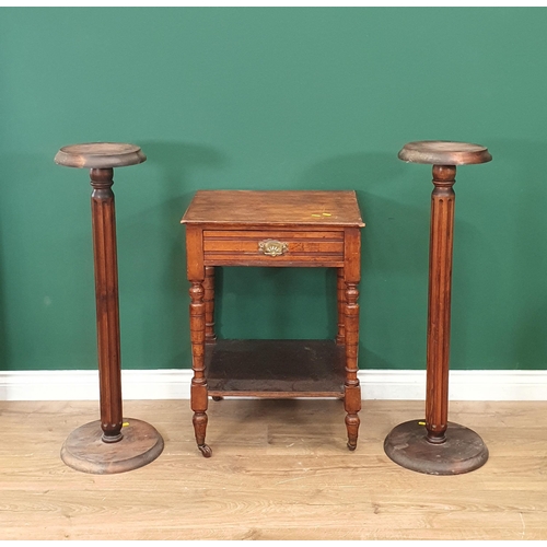 67 - A Side Table fitted single drawer on turned supports and castors, a pair of splat back Dining Chairs... 