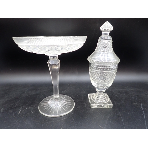 88 - A Regency style cut-glass urn shape Sweet Jar and Cover on star-cut square base, 9½in, and a cut-gla... 