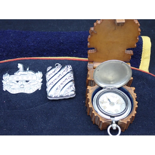 90 - A Beret with 'Egypt, Gloucestershire' Badge, carved treen Watch Holder, Travelling Compass and Vesta... 