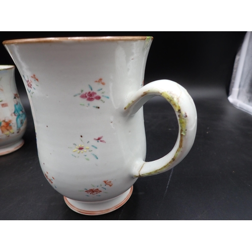 91 - A Set of three Chinese polychrome graduated bell shape Mugs painted figures and flowers in bright en... 