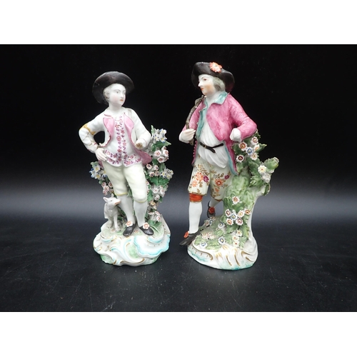 94 - A pair of Derby Figures brightly painted and floral encrusted, 7½in, a pair of Meisson Figures in ro... 