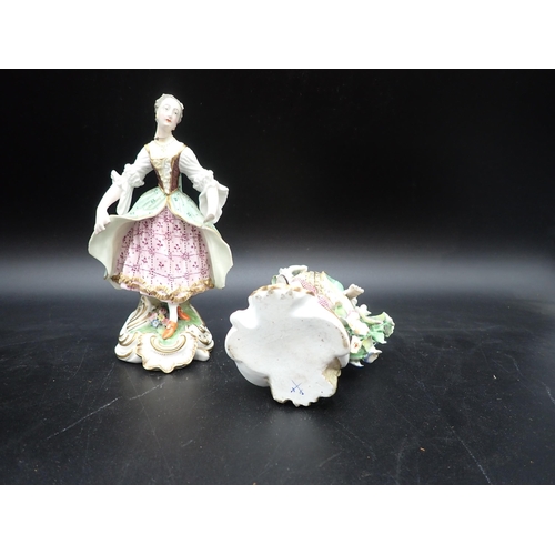 94 - A pair of Derby Figures brightly painted and floral encrusted, 7½in, a pair of Meisson Figures in ro... 