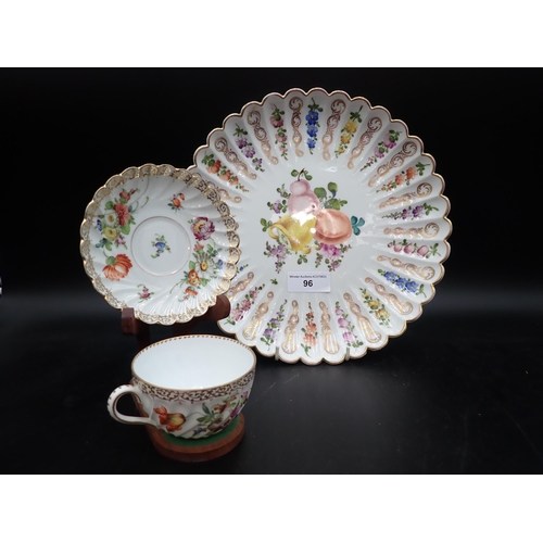 96 - A Meissen fluted Dish painted fruit and flowers, 11in, blue crossed swords mark, and a Dresden Cup a... 