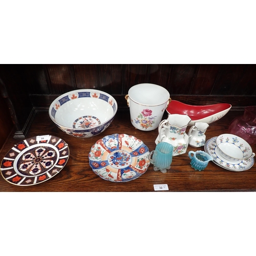 99 - A Royal Crown Derby Plate 'Old Imari' pattern, an Imari Bowl, a cranberry glass Jug, a Jardiniere, a... 