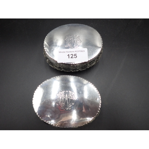 125 - A pair of George V silver lidded cut glass oval Jars, engraved initials, Birmingham 1920