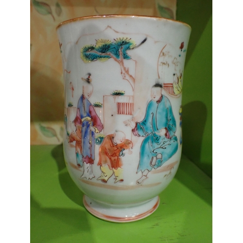 91 - A Set of three Chinese polychrome graduated bell shape Mugs painted figures and flowers in bright en... 