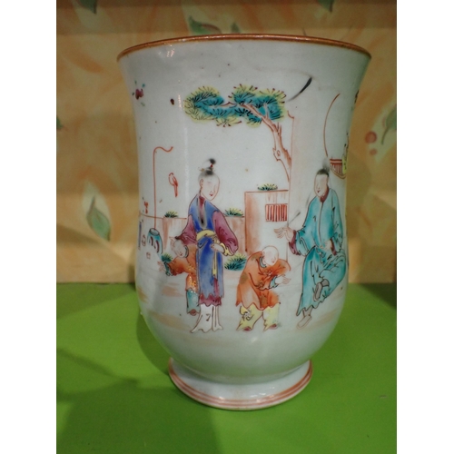 91 - A Set of three Chinese polychrome graduated bell shape Mugs painted figures and flowers in bright en... 