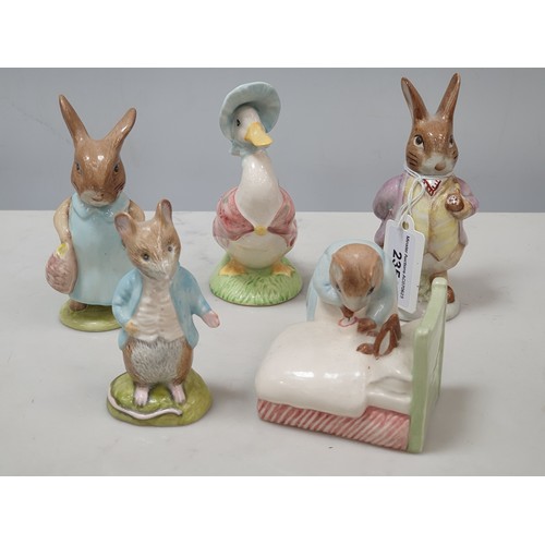 235 - Five Beswick Beatrix Potter Figures including Jonny Town-Mouse, Jemima Puddleduck, Mrs Flopsy Bunny,... 