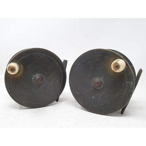 1004 - Two Brass plate wind Reels, both with Stamped Fish on Reel Seat for (Farlow's), both approx 4