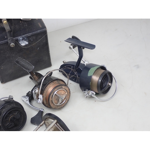 1043 - An Intrepid De Luxe Fixed Spool Reel, a Mitchell 410 Reel, an Intrepid Prince Regent Reel, a Noris-B... 