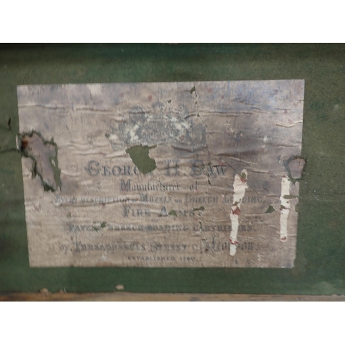 1108 - An antique leather covered oak Gun Case bearing label for George H. Daw lacking fitted interior and ... 