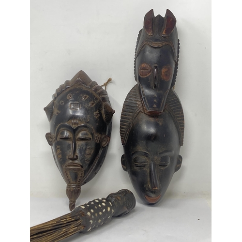 1137 - A Congo Baule Face Mask 14inL, a Ugandan double Face Mask 16 1/2in L and a Shrine Broom from Gabon