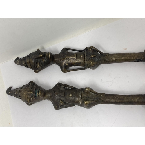 1139 - Yoruba, West Africa, a pair of bronze Ceremonial Swords and a bronze Ashanti gold dust box