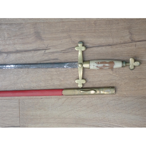 1163 - A Masonic Sword with painted wooden grip, the blade etched Bank Building, Belfast