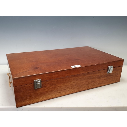 1016 - A teak fitted Reel & Tackle Case with baize lined compartments containing assorted Lines, x4 Wheatle... 