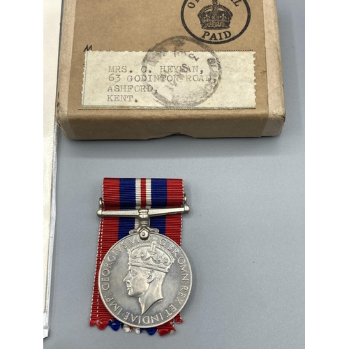 1060 - 1939-45 War Medal with box of issue addressed to Mrs C. Heyman and Condolence Slip to Sergeant J.F. ... 