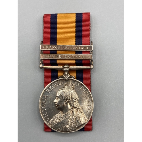 1087 - Queen's South Africa Medal with Orange Free State and Cape Colony clasps to 1940 Pte. E. Allen, Argy... 