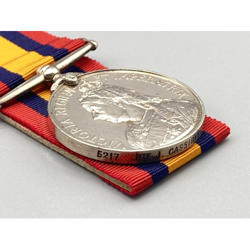 1089 - Queen's South Africa Medal, no clasp to 5217 Pte. J. Cassidy, Argyll & Sutherland Highlanders