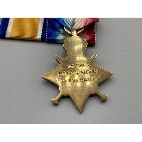 1148 - WWI Three; 1914-15 Star, War Medal and Victory Medal to S.7300 Pte. David Aitken, 11th Battalion Arg... 