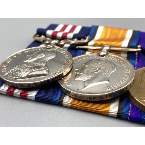 1219 - Three; Military Medal George V, British War & Victory Medals to S.22758 Pte. Theodore D. Emslie, 2nd... 