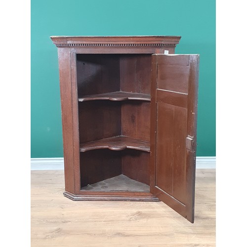 607 - A Georgian oak hanging Corner Cupboard having a single panelled door enclosing shaped shelves, 3ft 6... 