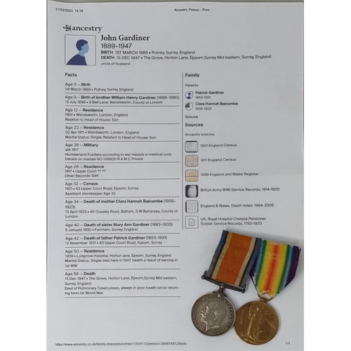 1003 - Pair: 1914-18 War Medal and War & Victory Medal to 126600 Pte. J. Gardiner R.A.M.C.