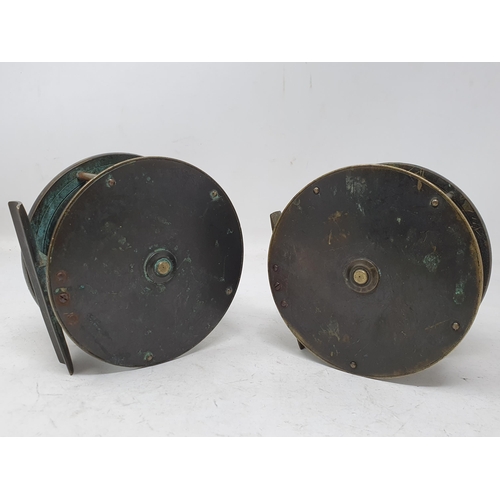 1004 - Two Brass plate wind Reels, both with Stamped Fish on Reel Seat for (Farlow's), both approx 4