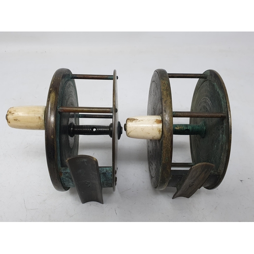 1004 - Two Brass plate wind Reels, both with Stamped Fish on Reel Seat for (Farlow's), both approx 4