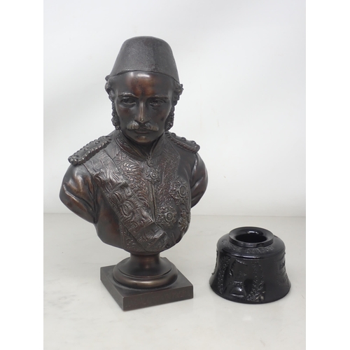 1125 - A hollow cast Bust of General Gordon Pasha 12in H and a 'Chinese Gordon' black glass Inkwell