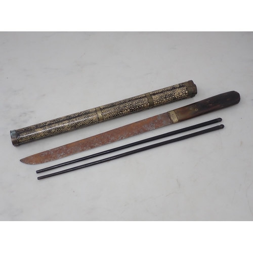 1157 - A WWII Japanese Officer's Trousse Knife and Chopstick Set with antler handle in shagreen scabbard