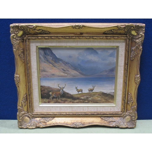 1230 - RACHEL M. SHAW (Leominster Artist) - 'In the Far Highlands', Stags at Loch Side, oil on board, signe... 