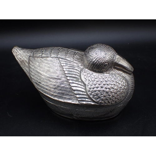 11 - A white metal Box and Cover in the form of a duck, 7in, possibly Cambodian