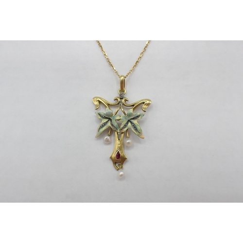 141 - An Art Nouveau Enamel and Gem-set Pendant the openwork plaque having green enamel to ivy leaves and ... 