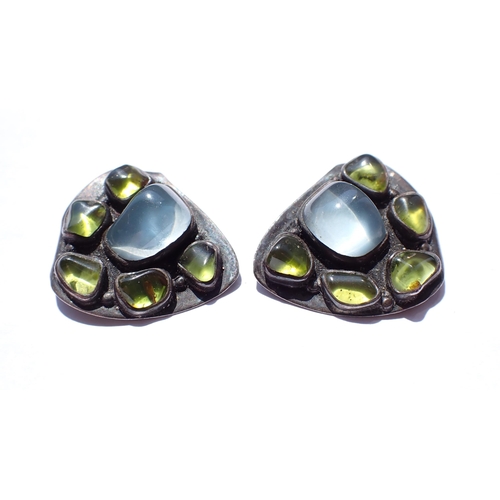 146 - A pair of H Fred Skaggs sterling silver Ear Clips each set foil backed blue and green stones