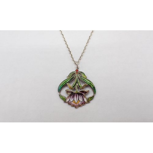 168 - An Art Nouveau silver and enamel Flower Pendant on fine chain