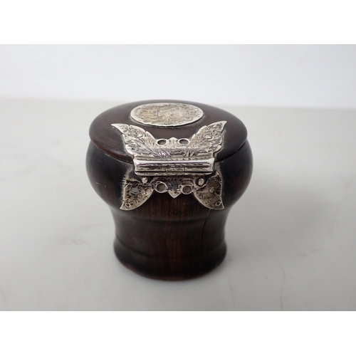 17 - A white metal mounted hardwood Snuff Mull of bombe form, butterfly hinge and oval panel, engraved P.... 