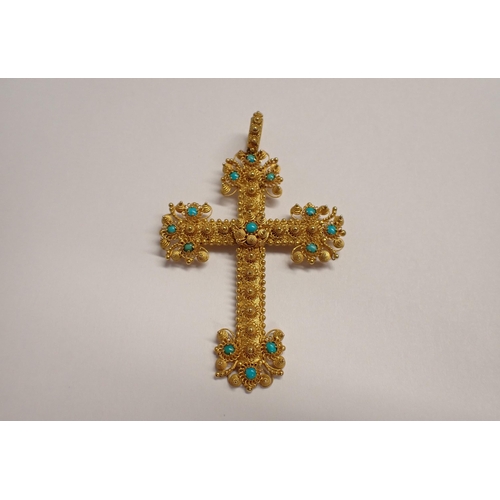 171 - A filigree Pendant Cross set turquoise within cannetille design, enclosing lock of woven hair to rev... 