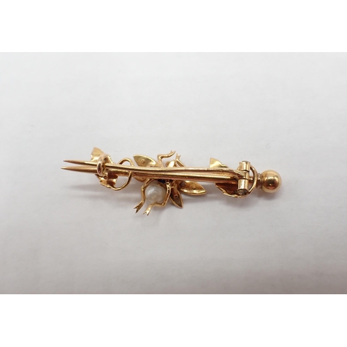 178 - A gold Bug Brooch set round sapphire to body and seed pearls to wings etc, approx 40mm wide, approx ... 