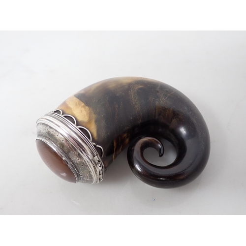 18 - A white metal mounted horn Snuff Mull, the lid inset banded agate and engraved John Donaldson, 3in